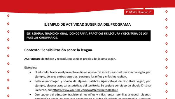 Actividad sugerida Nº 1- LC01 - YAG-U2-LS - Identifican y reproducen sonidos propios del idioma yagán