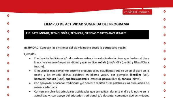 Actividad sugerida Nº 5 - LC02 - YAG-U2-EP - Conocen las divisiones del día y la noche desde la perspectiva yagán