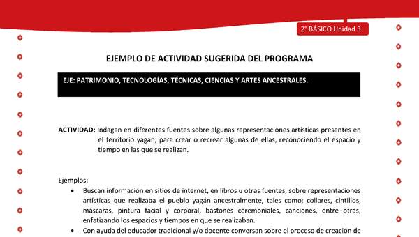 Actividad sugerida Nº 4 - LC02 - YAG-U3-EP - Indagan en diferentes fuentes sobre algunas representaciones artísticas presentes en el territorio yagán, para crear o recrear algunas de ellas, reconociendo el espacio y tiempo en las que se realizan