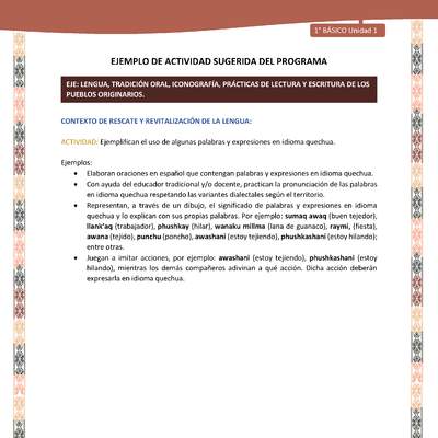 Actividad sugerida LC01 - Quechua - U1 - N°05: Ejemplifican el uso de algunas palabras y expresiones en idioma quechua.