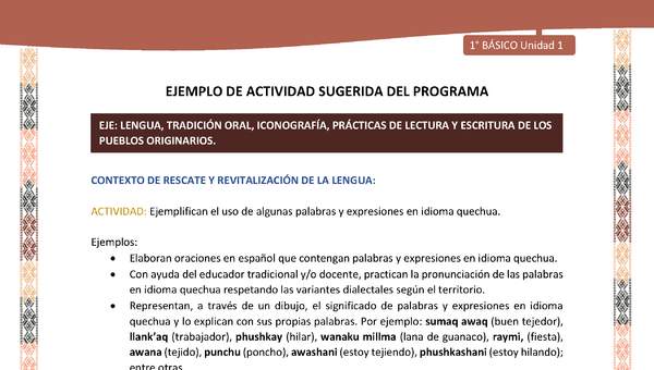 Actividad sugerida LC01 - Quechua - U1 - N°05: Ejemplifican el uso de algunas palabras y expresiones en idioma quechua.