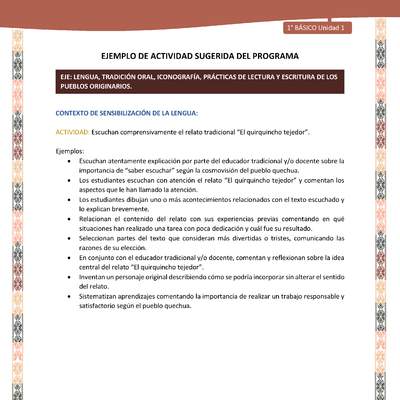 Actividad sugerida LC01 - Quechua - U1 - N°01: Escuchan comprensivamente el relato tradicional “El quirquincho tejedor”.