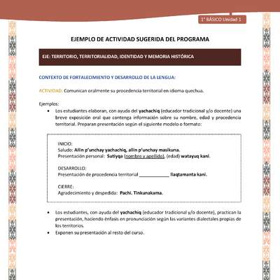 Actividad sugerida LC01 - Quechua - U1 - N°11: Comunican oralmente su procedencia territorial en idioma quechua.