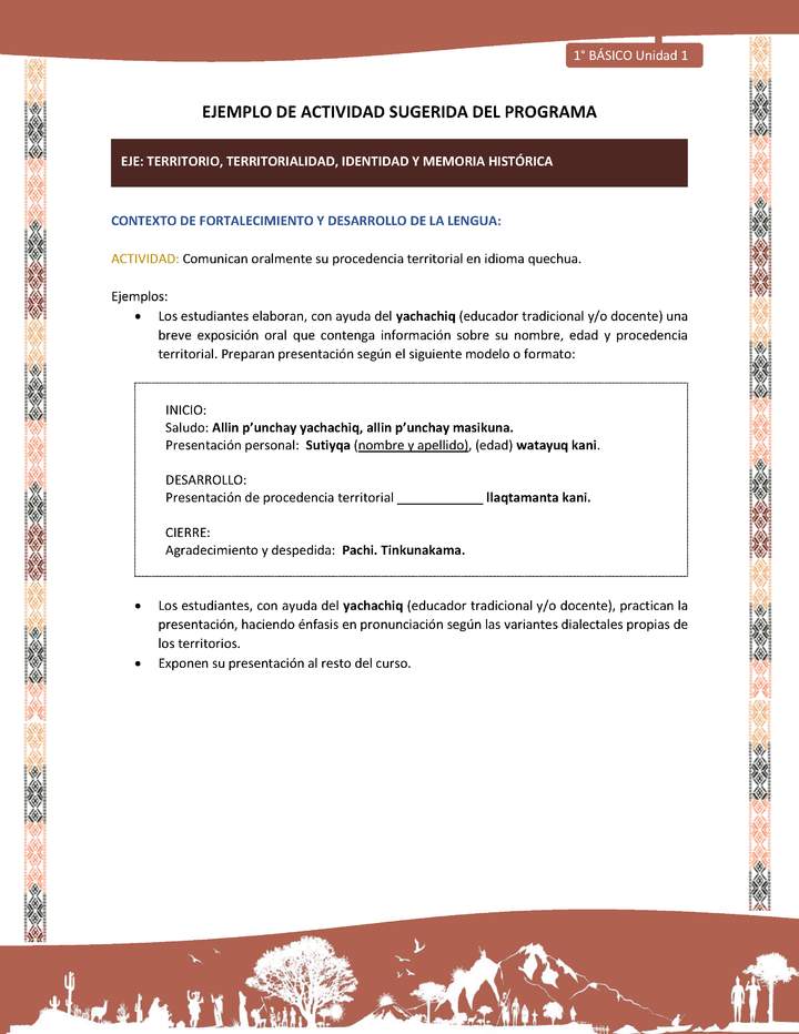Actividad sugerida LC01 - Quechua - U1 - N°11: Comunican oralmente su procedencia territorial en idioma quechua.