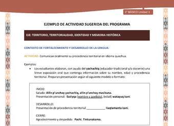Actividad sugerida LC01 - Quechua - U1 - N°11: Comunican oralmente su procedencia territorial en idioma quechua.