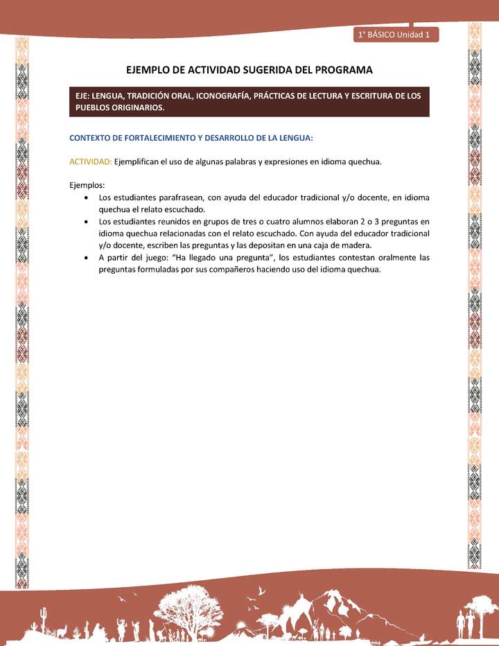 Actividad sugerida LC01 - Quechua - U1 - N°07: Ejemplifican el uso de algunas palabras y expresiones en idioma quechua.