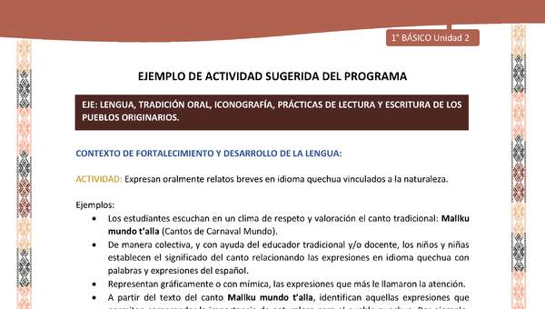 Actividad sugerida LC01 - Quechua - U2 - N°26: Expresan oralmente relatos breves en idioma quechua vinculados a la naturaleza.