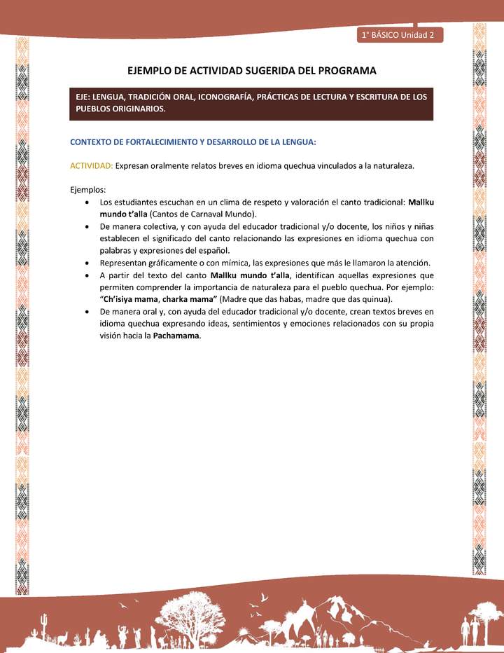 Actividad sugerida LC01 - Quechua - U2 - N°26: Expresan oralmente relatos breves en idioma quechua vinculados a la naturaleza.