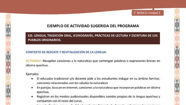 Actividad sugerida LC01 - Quechua - U2 - N°23: Recopilan canciones a la naturaleza que contengan palabras o expresiones breves en idioma quechua.