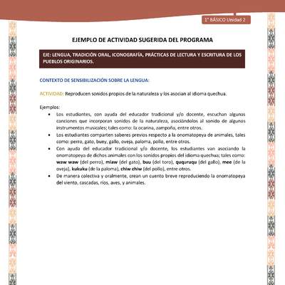 Actividad sugerida LC01 - Quechua - U2 - N°17: Reproducen sonidos propios de la naturaleza y los asocian al idioma quechua.