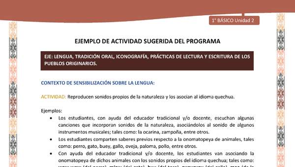 Actividad sugerida LC01 - Quechua - U2 - N°17: Reproducen sonidos propios de la naturaleza y los asocian al idioma quechua.