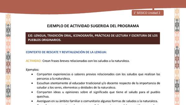 Actividad sugerida LC01 - Quechua - U2 - N°20: Crean frases breves relacionadas con los saludos a la naturaleza.