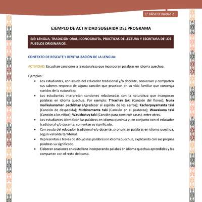 Actividad sugerida LC01 - Quechua - U2 - N°19: Escuchan canciones a la naturaleza que incorporan palabras en idioma quechua.