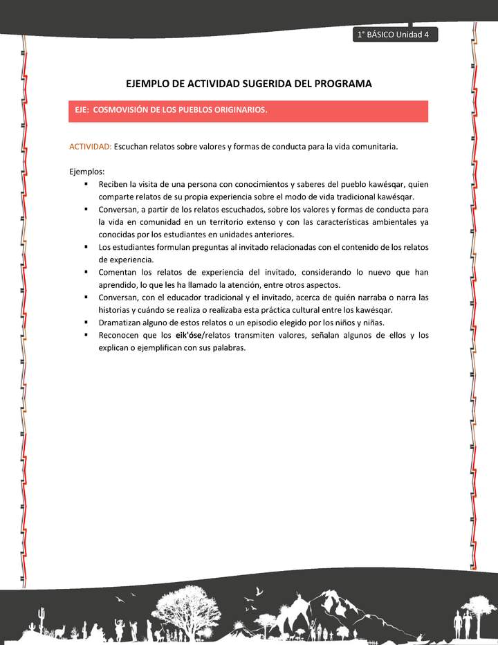 Actividad sugerida: LC01 - KAWÉSQAR - U4 - N°4: ESCUCHAN RELATOS SOBRE VALORES Y FORMAS DE CONDUCTA PARA LA VIDA COMUNITARIA.