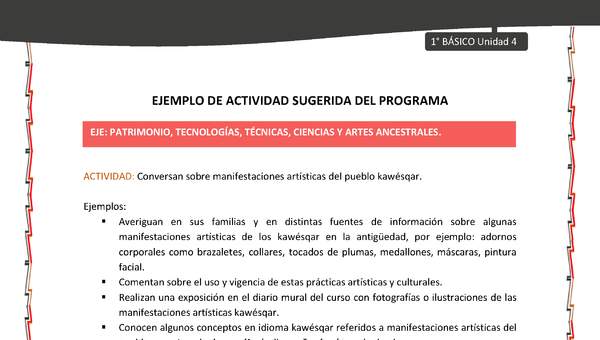Actividad sugerida: LC01 - KAWÉSQAR - U4 - N°5: CONVERSAN SOBRE MANIFESTACIONES ARTÍSTICAS DEL PUEBLO KAWÉSQAR.