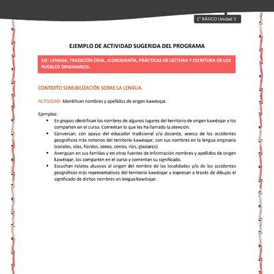 Actividad sugerida: LC01 - KAWÉSQAR - U3 - N°1: IDENTIFICAN NOMBRES Y APELLIDOS DE ORIGEN KAWÉSQAR