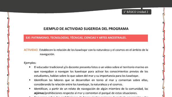 Actividad sugerida: LC01 - KAWÉSQAR - U2 - N°7: ESTABLECEN LA RELACIÓN DE LOS KAWÉSQAR CON LA NATURALEZA Y EL COSMOS EN EL ÁMBITO DE LA NAVEGACIÓN.