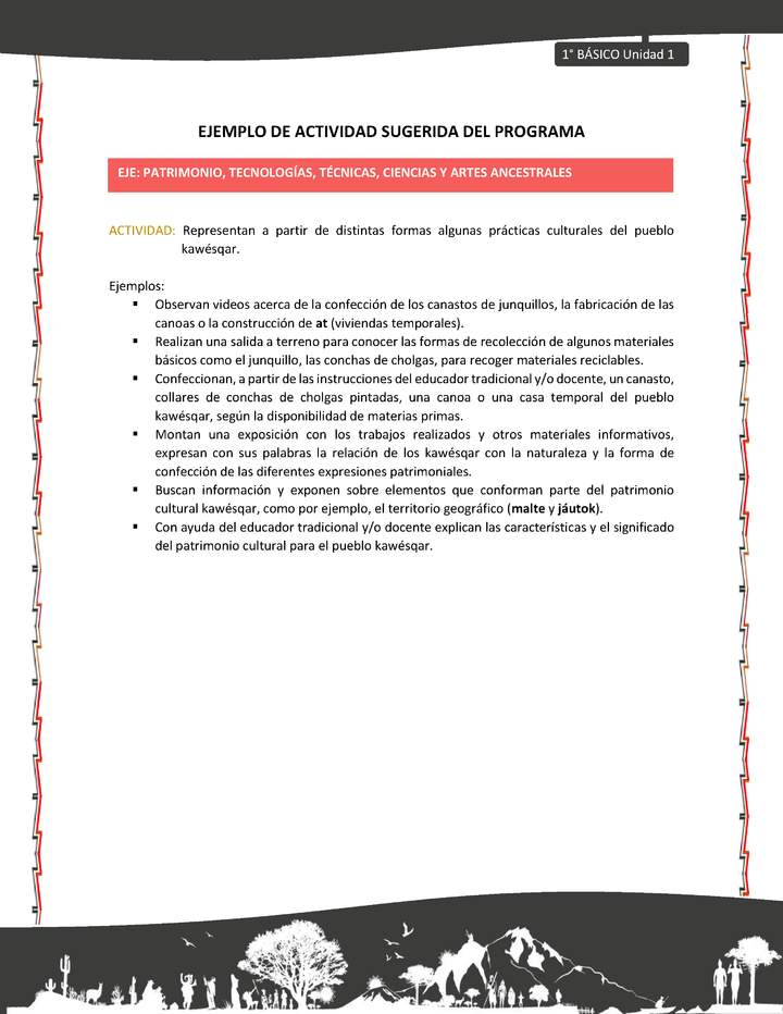 Actividad sugerida: LC01 - KAWÉSQAR - U1 - N°5: REPRESENTAN A PARTIR DE DISTINTAS FORMAS ALGUNAS PRÁCTICAS CULTURALES DEL PUEBLO KAWÉSQAR.