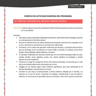 Actividad sugerida: LC01 - KAWÉSQAR - U2 - N°5: CONOCEN ALGUNOS ELEMENTOS SIGNIFICATIVOS DEL TERRITORIO KAWÉSQAR ANCESTRAL Y LO VINCULAN CON LA ACTUALIDAD.