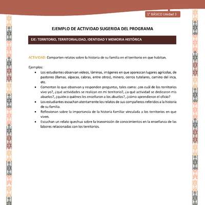 Actividad sugerida LC01 - Quechua - U3 - N°37: Comparten relatos sobre la historia de su familia en el territorio en que habitan.