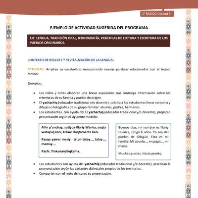 Actividad sugerida LC01 - Quechua - U3 - N°35: Amplían su vocabulario incorporando nuevas palabras relacionadas con el tronco familiar.