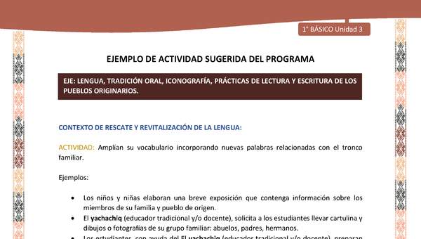 Actividad sugerida LC01 - Quechua - U3 - N°35: Amplían su vocabulario incorporando nuevas palabras relacionadas con el tronco familiar.