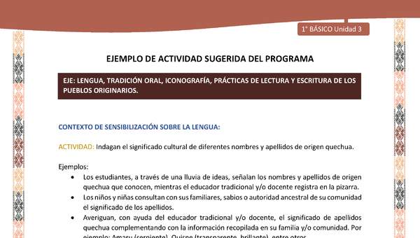Actividad sugerida LC01 - Quechua - U3 - N°33: Indagan el significado cultural de diferentes nombres y apellidos de origen quechua.