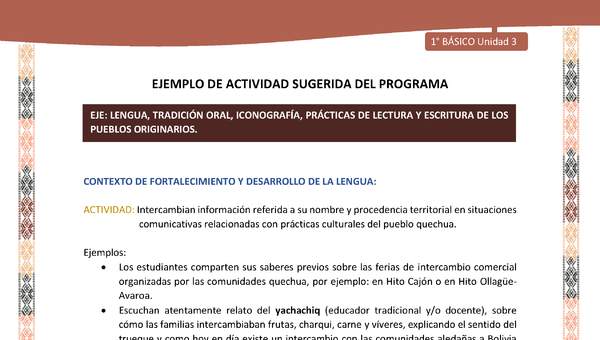 Actividad sugerida LC01 - Quechua - U3 - N°36:  Intercambian información referida a su nombre y procedencia territorial en situaciones comunicativas relacionadas con prácticas culturales del pueblo quechua.