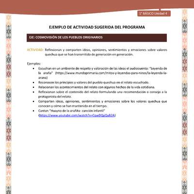 Actividad sugerida LC01 - Quechua - U4 - N°47: Reflexionan y comparten ideas, opiniones, sentimientos y emociones sobre valores quechua que se han transmitido de generación en generación.