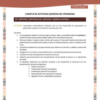 Actividad sugerida LC01 - Quechua - U4 - N°46: Comparten conocimientos familiares que se han transmitido de generación en generación respecto al manejo de la quinua y/o maíz.