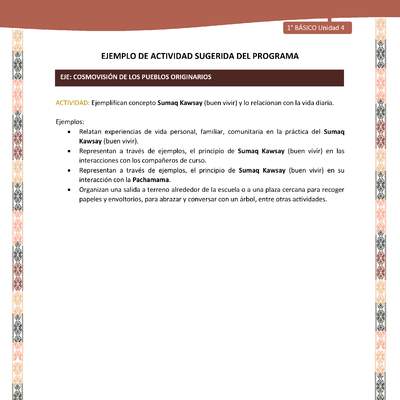 Actividad sugerida LC01 - Quechua - U4 - N°49: Ejemplifican concepto Sumaq Kawsay (buen vivir) y lo relacionan con la vida diaria.