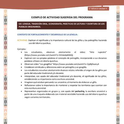 Actividad sugerida LC01 - Quechua - U4 - N°44: Explican el significado y la importancia cultural de los glifos y los petroglifos haciendo uso del idioma quechua.