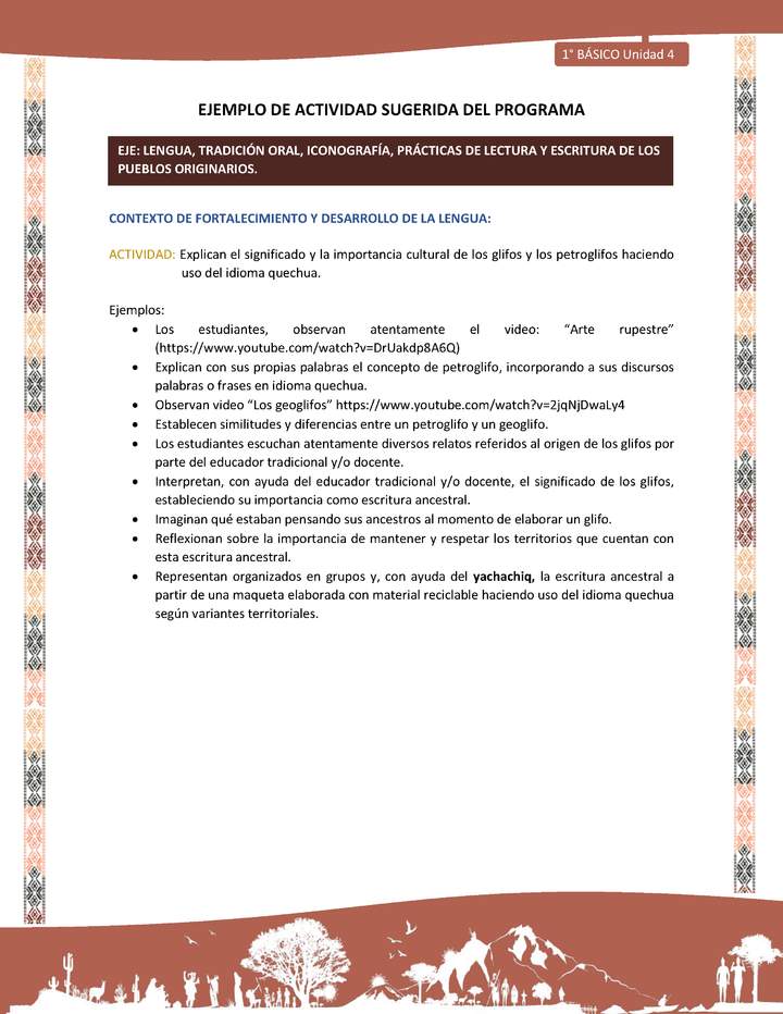 Actividad sugerida LC01 - Quechua - U4 - N°44: Explican el significado y la importancia cultural de los glifos y los petroglifos haciendo uso del idioma quechua.