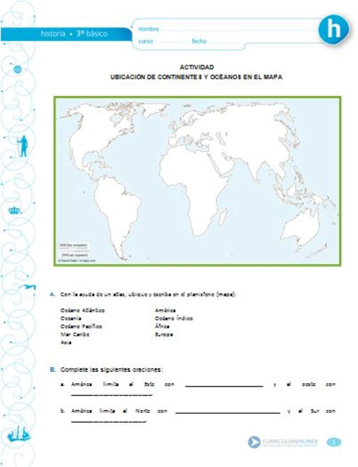 Ubicación de continentes y océanos en el mapa