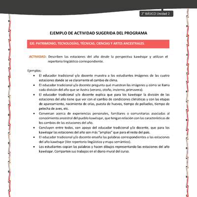 Actividad sugerida: LC02 - KAWÉSQAR - U2 - N°6: DESCRIBEN LAS ESTACIONES DEL AÑO DESDE LA PERSPECTIVA KAWÉSQAR Y UTILIZAN EL REPERTORIO LINGÜÍSTICO CORRESPONDIENTE.