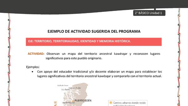 Actividad sugerida: LC02 - KAWÉSQAR - U1 - N°3: OBSERVAN UN MAPA DEL TERRITORIO ANCESTRAL KAWÉSQAR Y RECONOCEN LUGARES SIGNIFICATIVOS PARA ESTE PUEBLO ORIGINARIO.