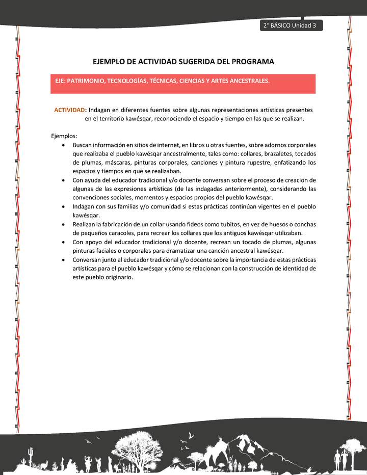 Actividad sugerida: LC02 - KAWÉSQAR - U3 - N°4: INDAGAN EN DIFERENTES FUENTES SOBRE ALGUNAS REPRESENTACIONES ARTÍSTICAS PRESENTES EN EL TERRITORIO KAWÉSQAR, RECONOCIENDO EL ESPACIO Y TIEMPO EN LAS QUE SE REALIZAN.