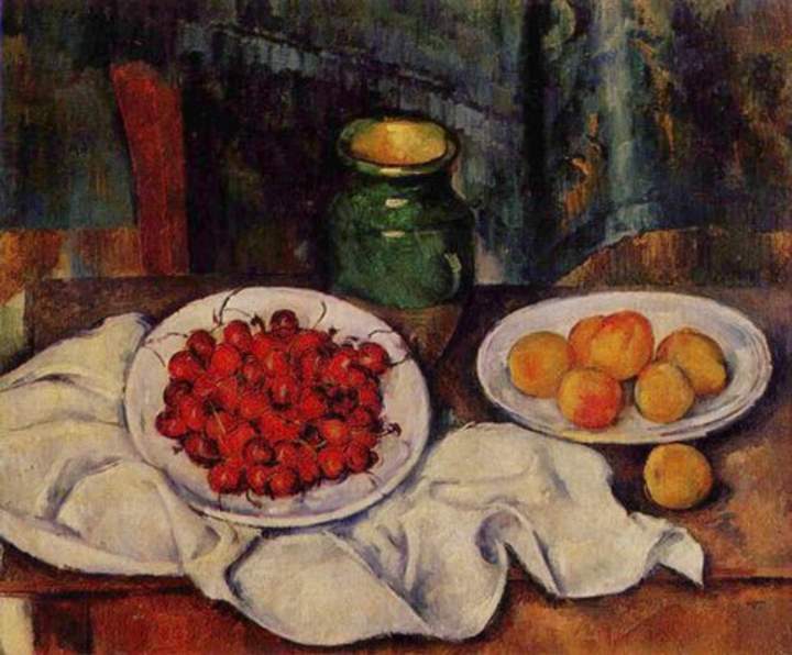 Naturaleza Muerta con Cerezas y Melocotones de Paul Cezanne