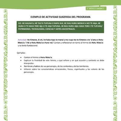 Actividad sugerida LC02 - Rapa Nui - U1 - N°21: Cantan y reflexionan en torno al himno de Hotu Matu'a y su texto fundacional.