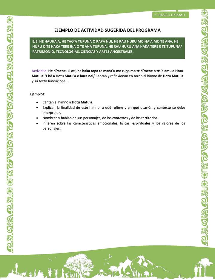 Actividad sugerida LC02 - Rapa Nui - U1 - N°21: Cantan y reflexionan en torno al himno de Hotu Matu'a y su texto fundacional.