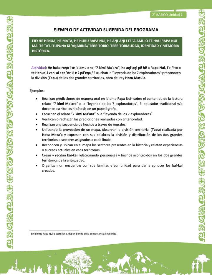 Actividad sugerida LC02 - Rapa Nui - U1 - N°12: Escuchan la “Leyenda de los 7 exploradores” y reconocen la división (Tapu) de los dos grandes territorios, obra del rey Hotu Matu'a.
