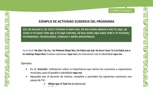 Actividad sugerida LC02 - Rapa Nui - U1 - N°22: Cantan canciones rapa nui y lo relacionan con la identidad rapa nui.