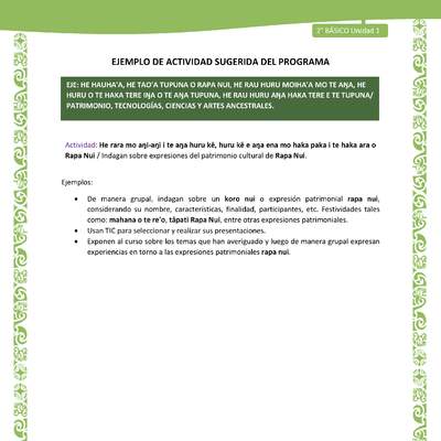 Actividad sugerida LC02 - Rapa Nui - U1 - N°20: Indagan sobre expresiones del patrimonio cultural de Rapa Nui.
