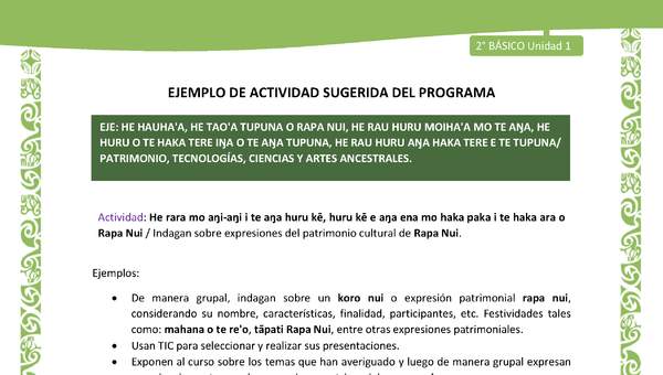 Actividad sugerida LC02 - Rapa Nui - U1 - N°20: Indagan sobre expresiones del patrimonio cultural de Rapa Nui.