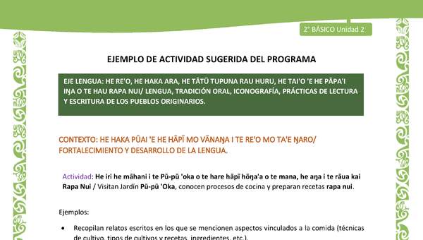 Actividad sugerida LC02 - Rapa Nui - U2 - N°22: Visitan Jardín Pū-pū 'Oka, conocen procesos de cocina y preparan recetas rapa nui.