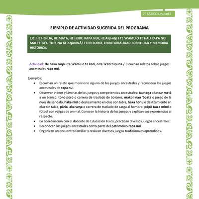 Actividad sugerida LC02 - Rapa Nui - U2 - N°24: Escuchan relatos sobre juegos ancestrales rapa nui. Actividad sugerida LC02 - Rapa Nui - U2 - N°24: Escuchan relatos sobre juegos ancestrales rapa nui.