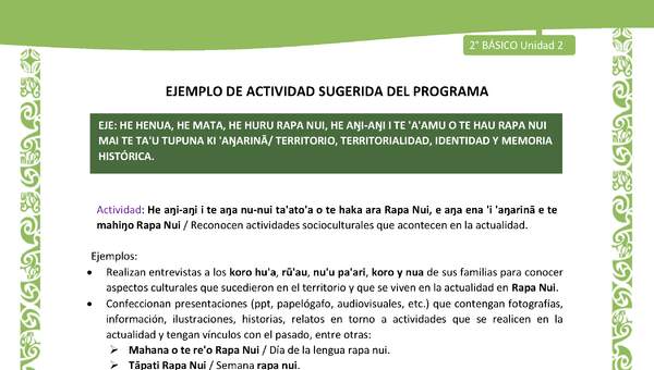 Actividad sugerida LC02 - Rapa Nui - U2 - N°25: Reconocen actividades socioculturales que acontecen en la actualidad.