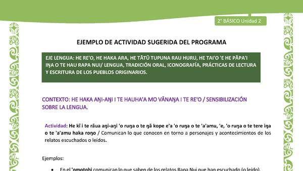 Actividad sugerida LC02 - Rapa Nui - U2 - N°01: Comunican lo que conocen en torno a personajes y acontecimientos de los relatos escuchados o leídos.