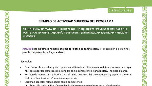 Actividad sugerida LC02 - Rapa Nui - U2 - N°27: Preparación de los niños para la competencia de Taŋata Manu.