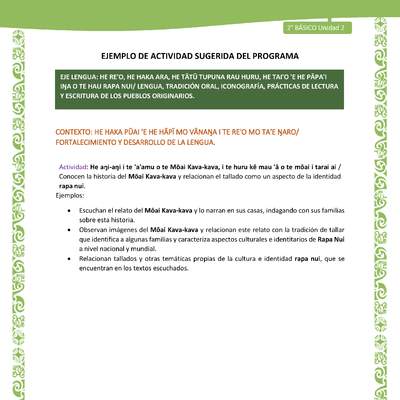 Actividad sugerida LC02 - Rapa Nui - U2 - N°15: Conocen la historia del Mōai Kava-kava y relacionan el tallado como un aspecto de la identidad rapa nui.